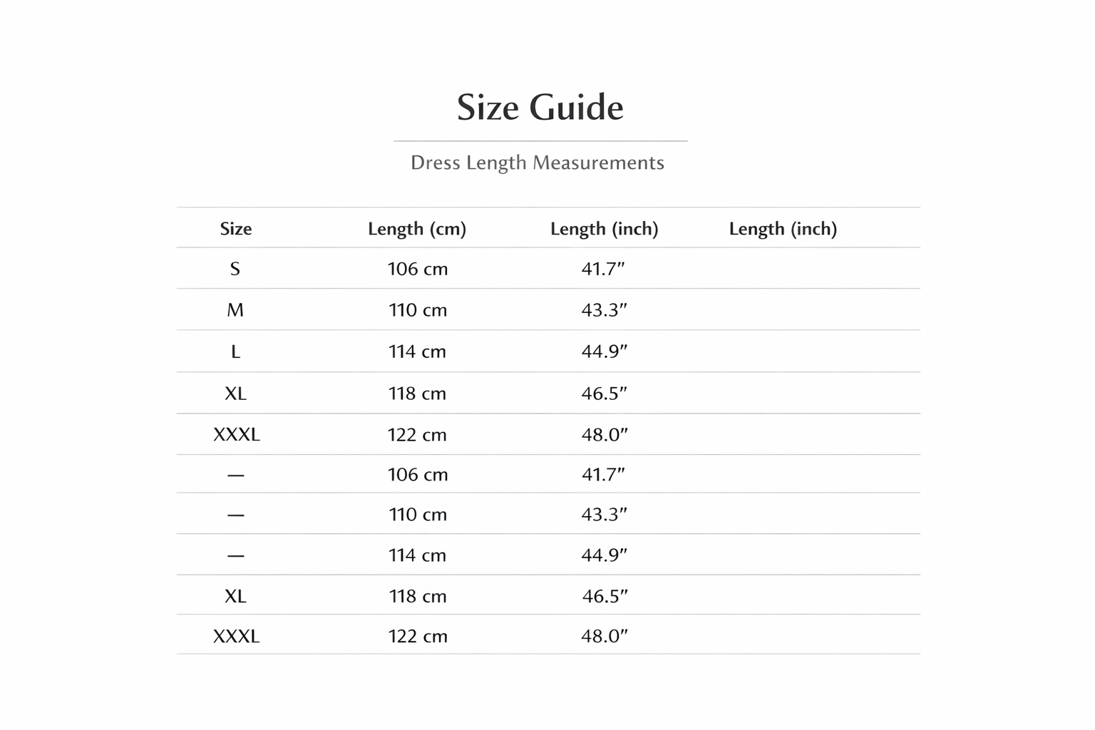 Size guide for dress lengths with measurements in centimeters and inches.