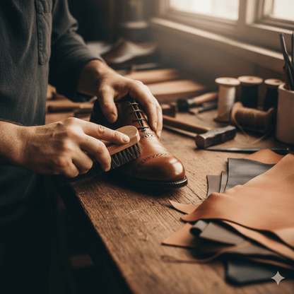 Person cleaning a brown leather shoe with a brush on a wooden table with leather samples and tools.