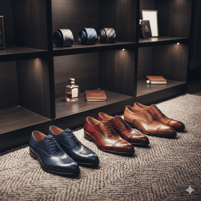 Pair of blue and brown dress shoes on a textured surface with shelves in the background.