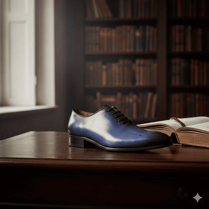Blue leather shoe on a wooden surface with an open book and bookshelf in the background