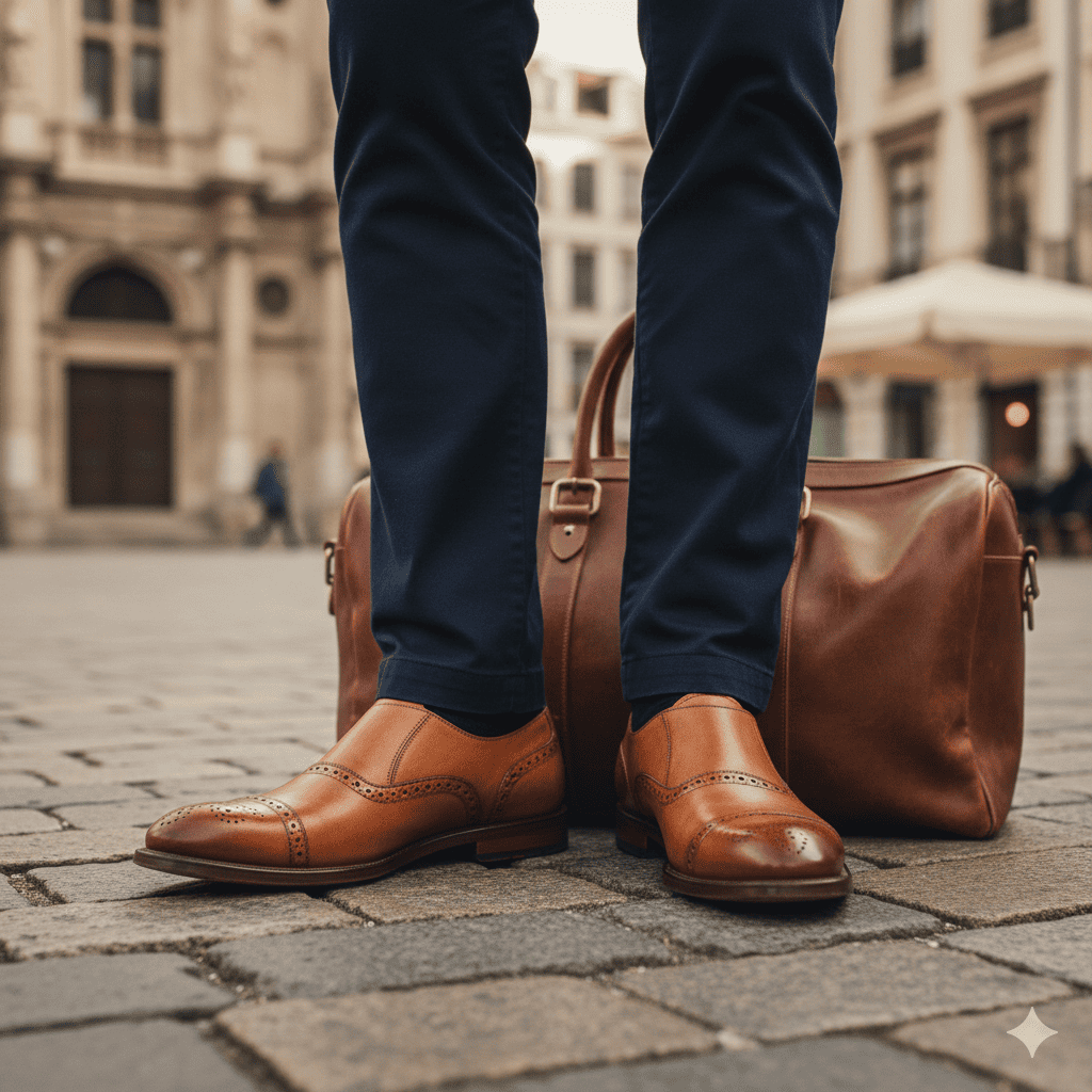 Brown leather shoes and bag on a stone pavement with blurred building background