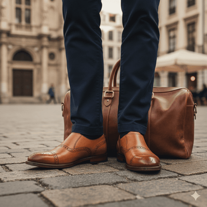 Brown leather shoes and bag on a stone pavement with blurred building background