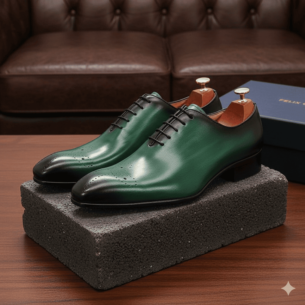 Green dress shoes on a gray block with a brown leather couch in the background