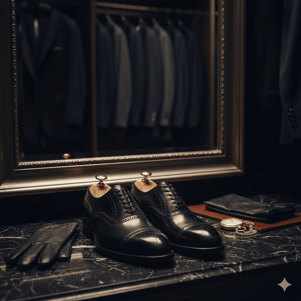 Pair of black dress shoes on a dark surface with a mirror and other accessories in the background.
