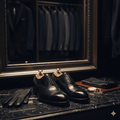 Pair of black dress shoes on a dark surface with a mirror and other accessories in the background.