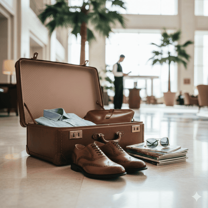 Brown suitcase with shoes and magazines on a polished floor in a hotel lobby.