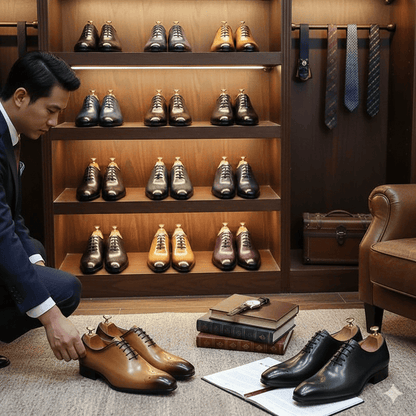Man examining shoes in a well-organized shoe rack with various shoes and ties displayed.