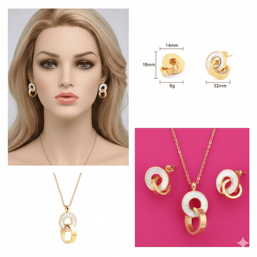 Gold jewelry set including necklace, earrings, and measurements on a mannequin head and pink background.