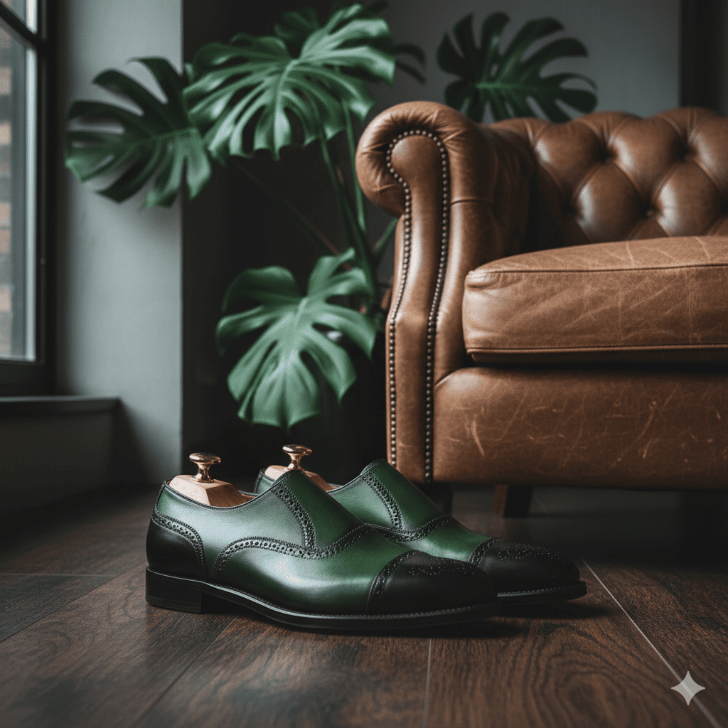 Green leather shoes on a wooden floor with a brown leather sofa and plants in the background