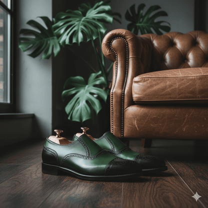 Green leather shoes on a wooden floor with a brown leather sofa and plants in the background