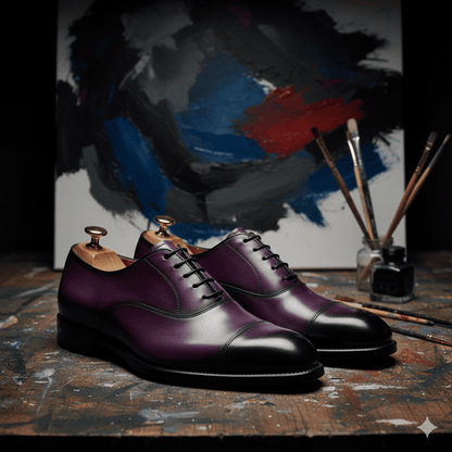 Pair of purple leather shoes on a wooden surface with artistic background