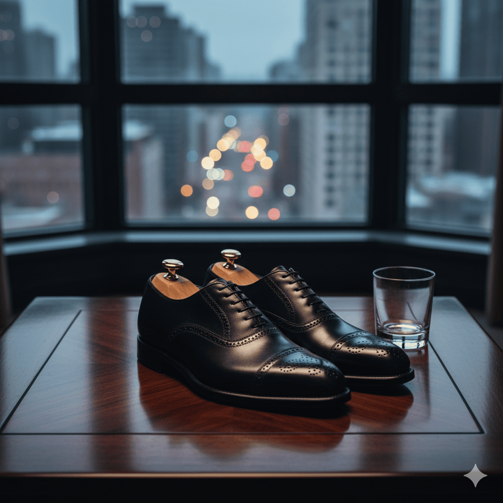 Pair of black dress shoes on a wooden table with a cityscape view through a window.