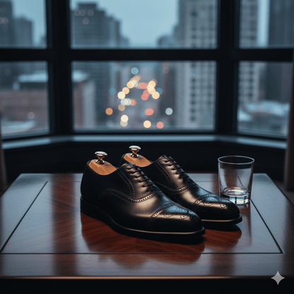 Pair of black dress shoes on a wooden table with a cityscape view through a window.