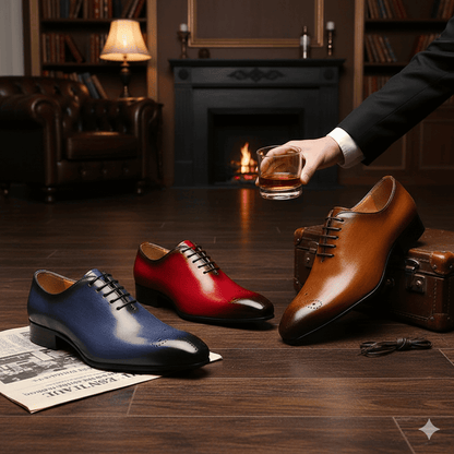 Three men's dress shoes in blue, red, and brown on a wooden floor with a person holding a glass of whiskey.
