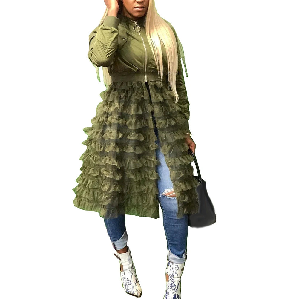 Green Women's Long Mesh Lace Zipper Jacket with Ruffle Patchwork Design