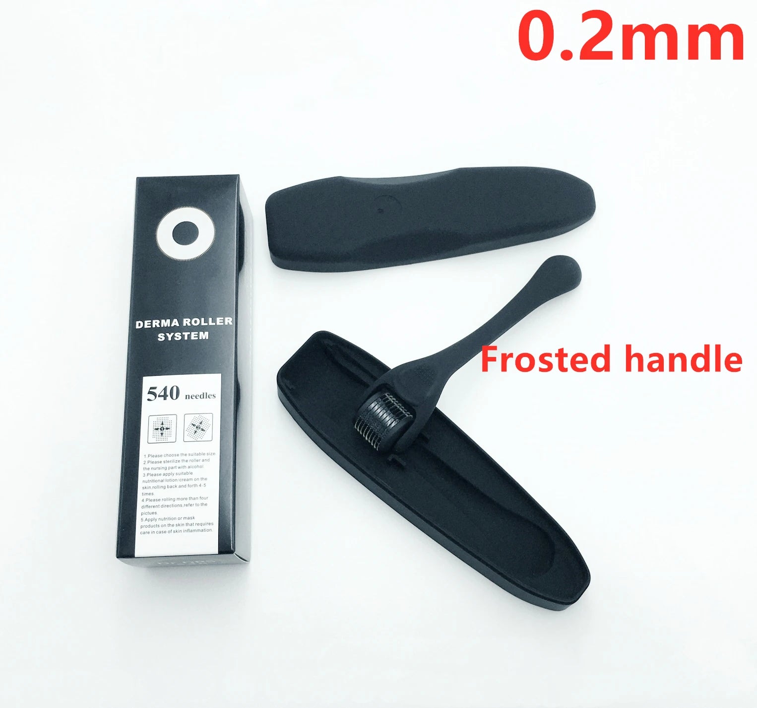 Titanium derma roller with black handle 0.2 mm, shown in its hygienic clear storage case. Needle sizes available: $0.2\text{mm}$, $0.25\text{mm}$, $0.3\text{mm}$.