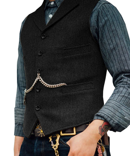 Classic Herringbone Waistcoat – High-quality wool, herringbone pattern, fully lined interior. Perfect for formal and casual occasions. Available on FTFmarket.net, fast delivery in the UK. Stay stylish with FTF Fashion and Mode FTF. Men's brown herringbone wool vest with V-neck lapel, suitable for casual and formal occasions