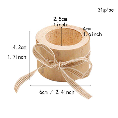Wooden ring with measurements and a bow on a white background