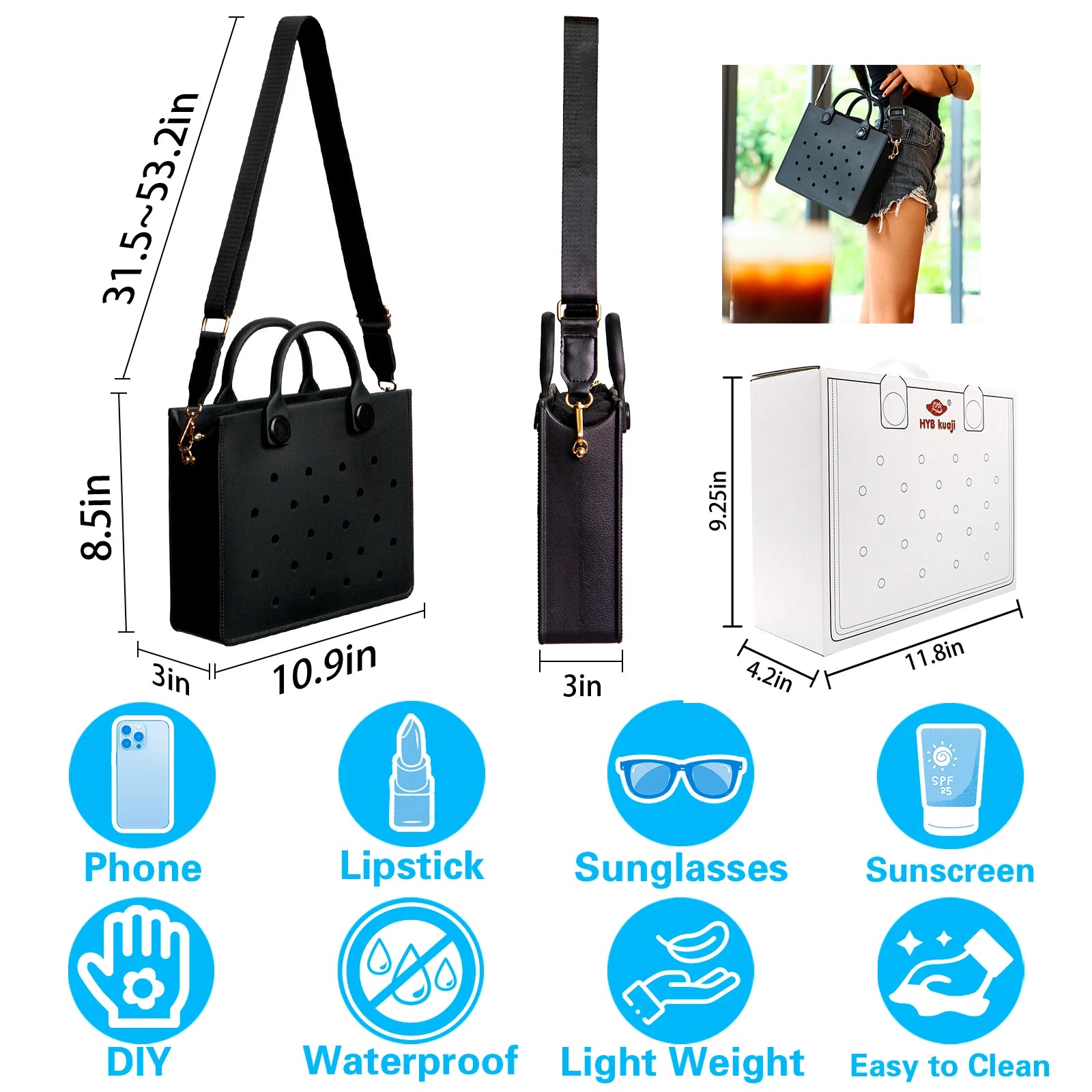 Black handbag with measurements and product capacity icons on a white background. Easy-cleaning large EVA tote bag, colourful square-shaped, women's fashion handbag with shoulder strap for bulk and promotional use.