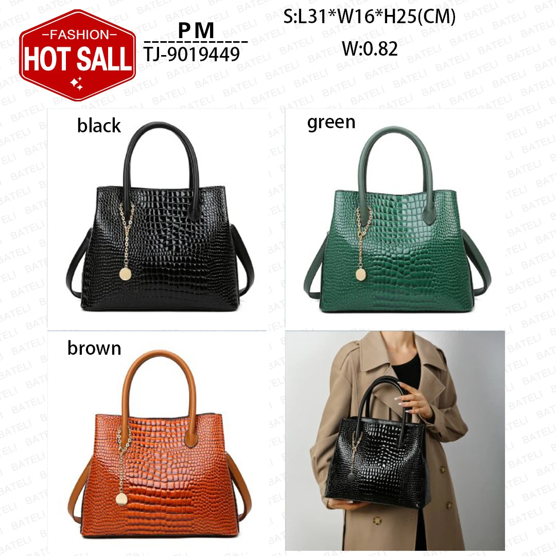 Three handbags in black, green, and brown with a person holding a black bag in a coat. Large capacity portable women’s crossbody bag with soft handle, zipper closure, chain accents, solid color print, perfect for daily fashion.