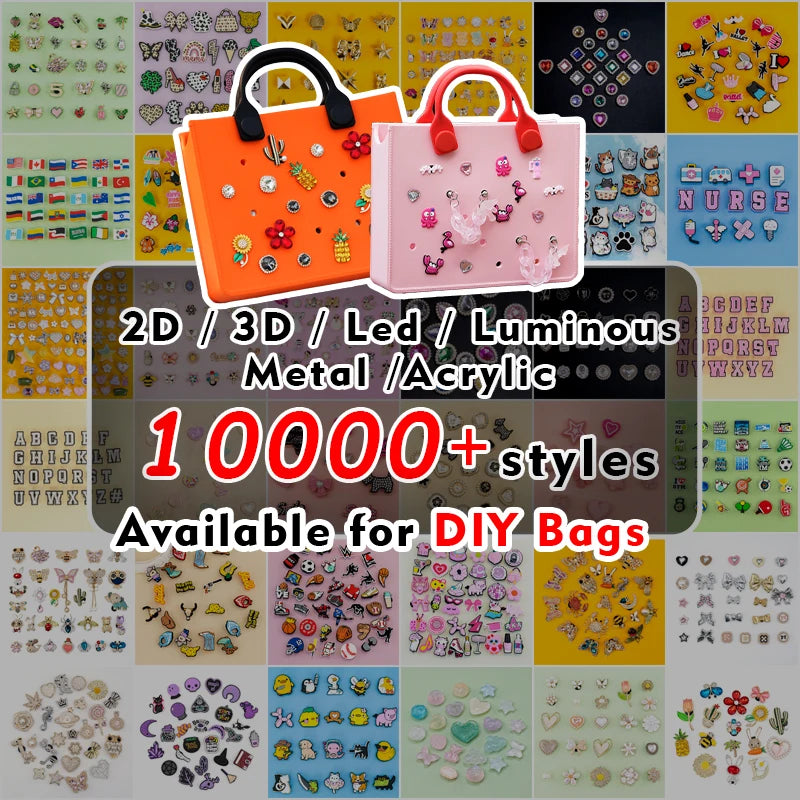 Collage of various decorative elements for DIY bags with text highlighting different types and styles available. Easy-cleaning large EVA tote bag, colourful square-shaped, women's fashion handbag with shoulder strap for bulk and promotional use.