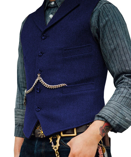 Men's brown herringbone wool vest with V-neck lapel, suitable for casual and formal occasions