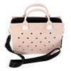 Pink handbag with black strap on a white background. Easy-cleaning large EVA tote bag, colourful square-shaped, women's fashion handbag with shoulder strap for bulk and promotional use.