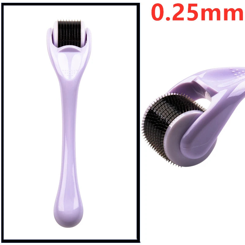 Titanium derma roller with white handle 0.25 mm, shown in its hygienic clear storage case. Needle sizes available: $0.2\text{mm}$, $0.25\text{mm}$, $0.3\text{mm}$.