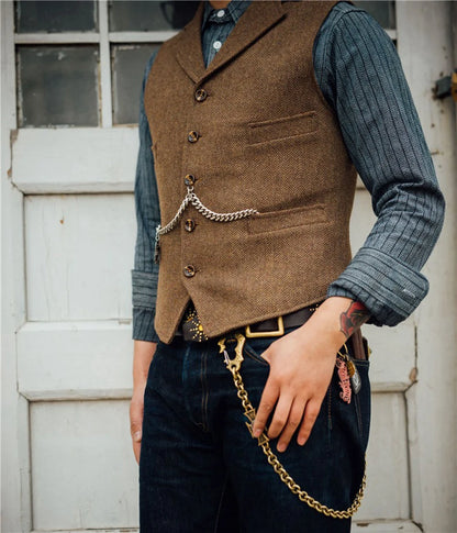 Men's brown herringbone wool vest with V-neck lapel, suitable for casual and formal occasions