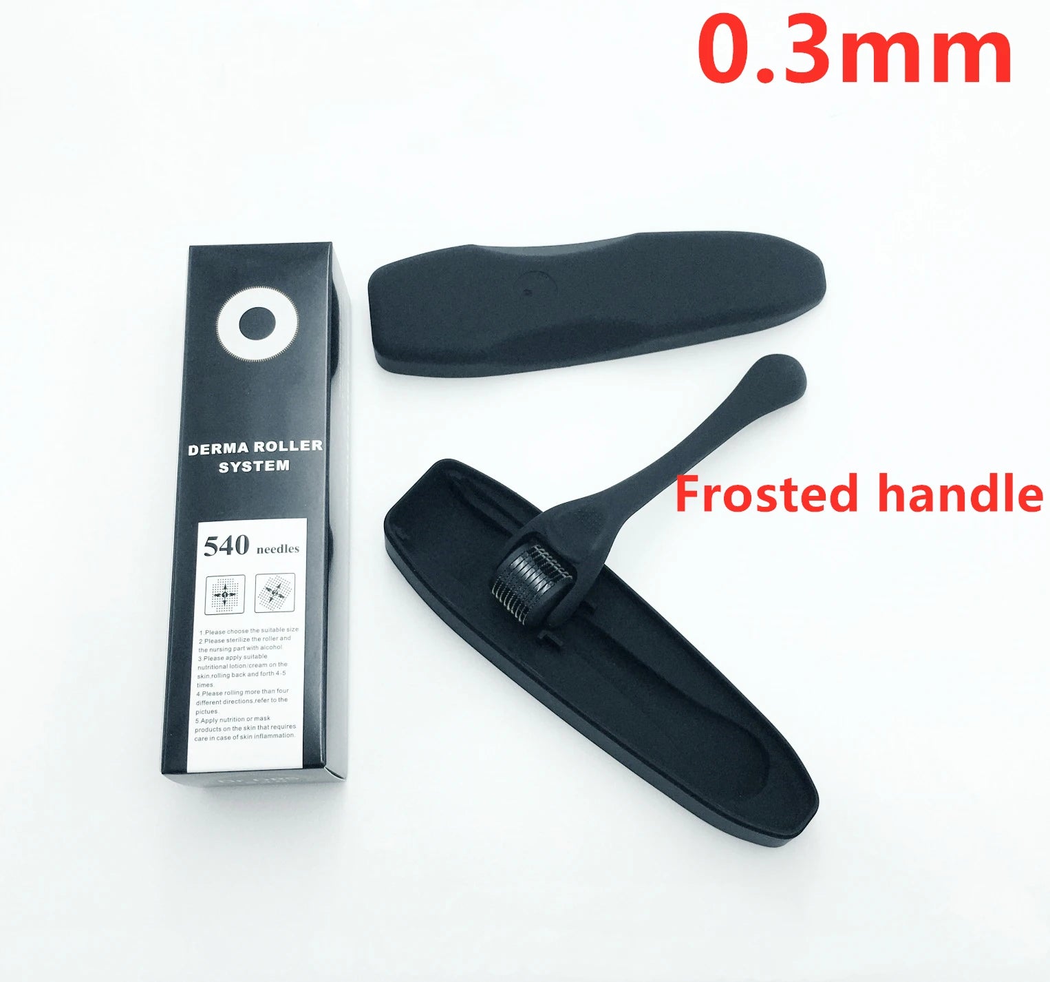 Titanium derma roller with frosted handle 0.3 mm, shown in its hygienic clear storage case. Needle sizes available: $0.2\text{mm}$, $0.25\text{mm}$, $0.3\text{mm}$.