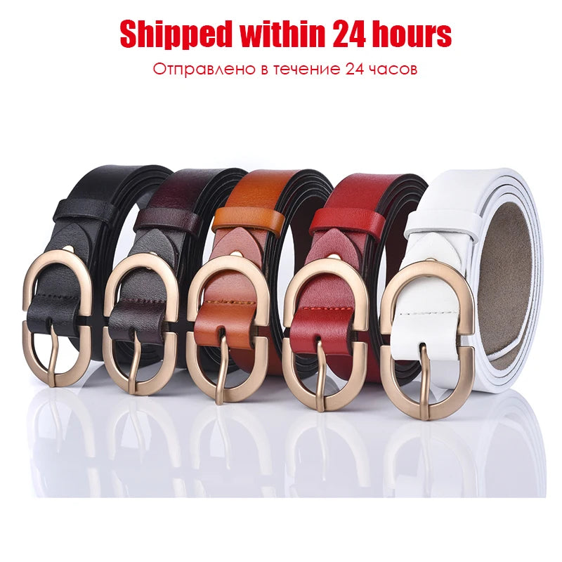 Set of five belts in black, brown, red, and white with gold buckles on a white background.