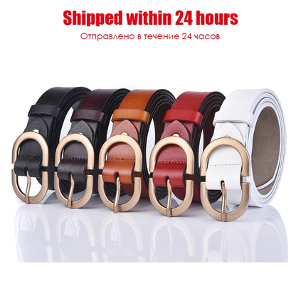 Set of five belts in black, brown, red, and white with gold buckles on a white background.