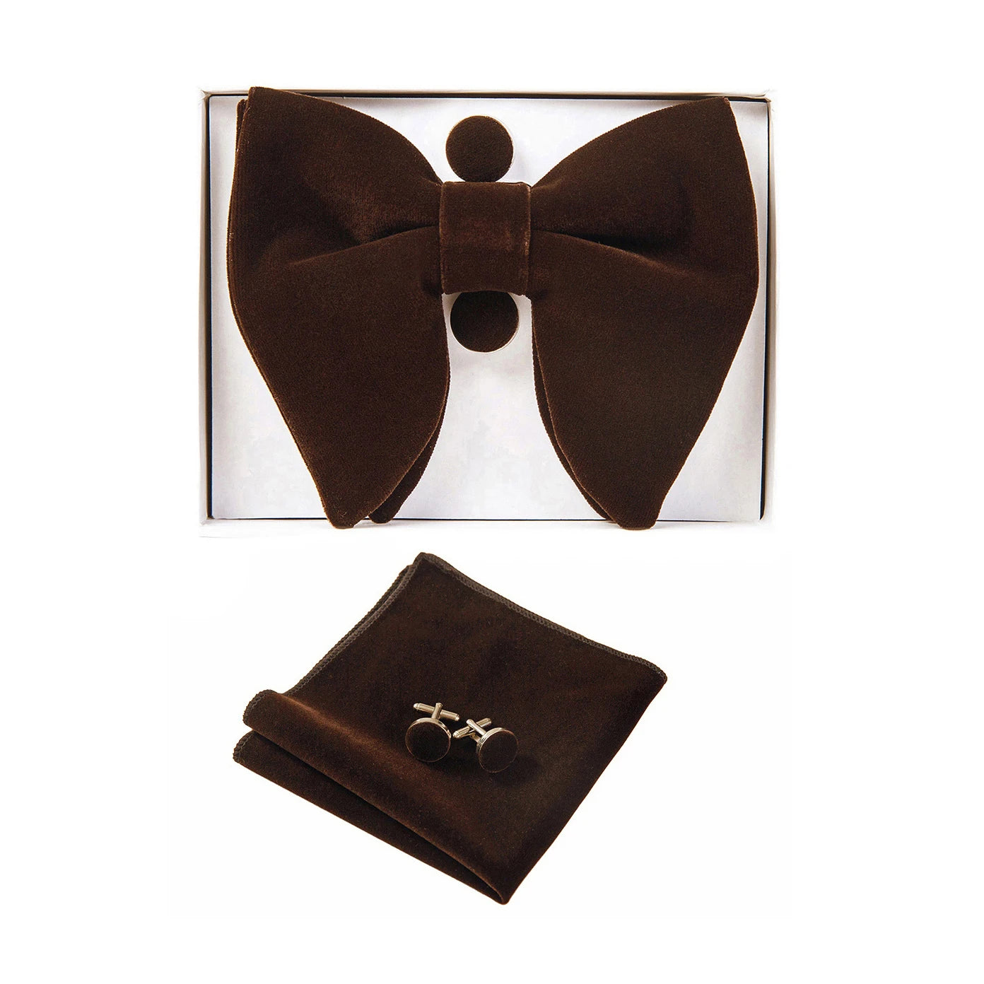 Brown bow tie and pocket square set with cufflinks on a white background