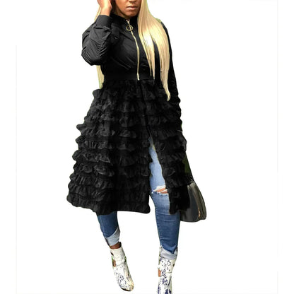 Black Women's Long Mesh Lace Zipper Jacket with Ruffle Patchwork Design