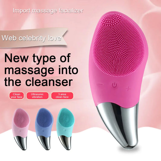 Ultrasonic electric silicone face cleansing and massage device for deep pore cleaning and skin relaxation