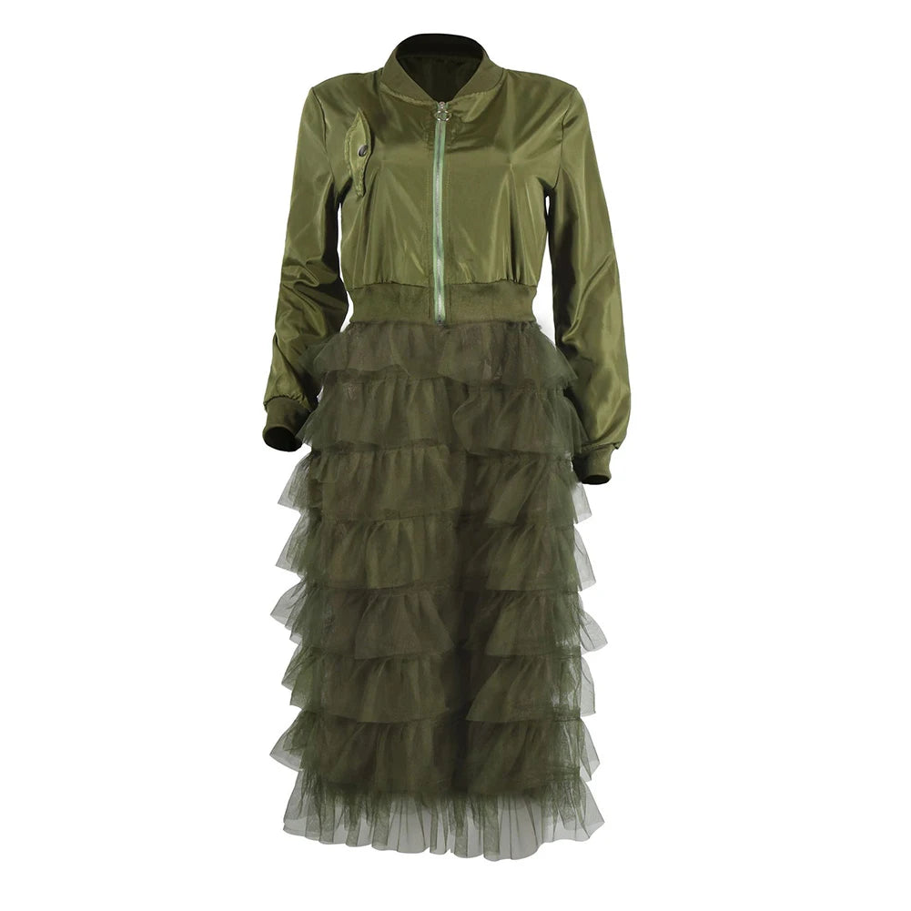 Green Women's Long Mesh Lace Zipper Jacket with Ruffle Patchwork Design