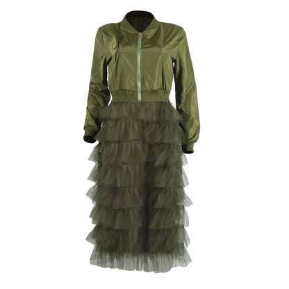 Green Women's Long Mesh Lace Zipper Jacket with Ruffle Patchwork Design