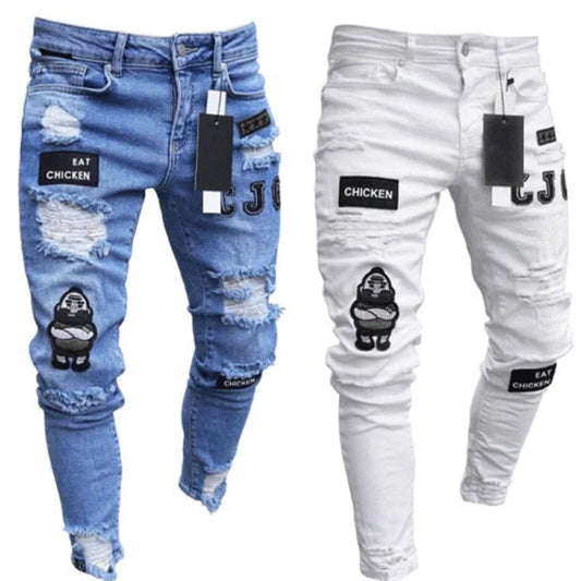 Two pairs of distressed jeans, one blue and one white, with visible branding and text.