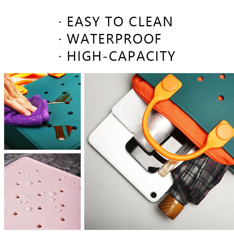 Product features including ease of cleaning, waterproofness, and high capacity with images and text. Easy-cleaning large EVA tote bag, colourful square-shaped, women's fashion handbag with shoulder strap for bulk and promotional use.