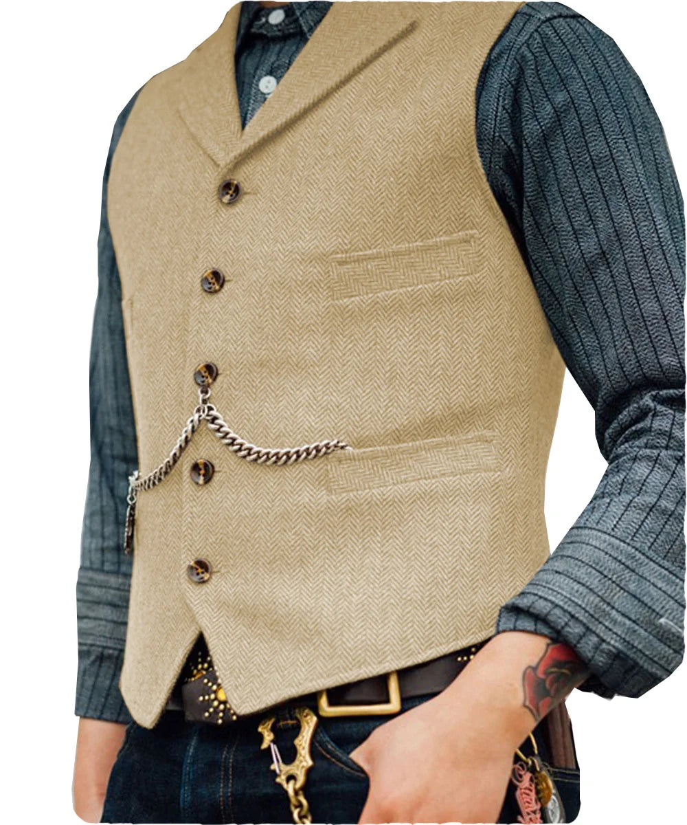 Classic Herringbone Waistcoat – High-quality wool, herringbone pattern, fully lined interior. Perfect for formal and casual occasions. Available on FTFmarket.net, fast delivery in the UK. Stay stylish with FTF Fashion and Mode FTF. Men's brown herringbone wool vest with V-neck lapel, suitable for casual and formal occasions