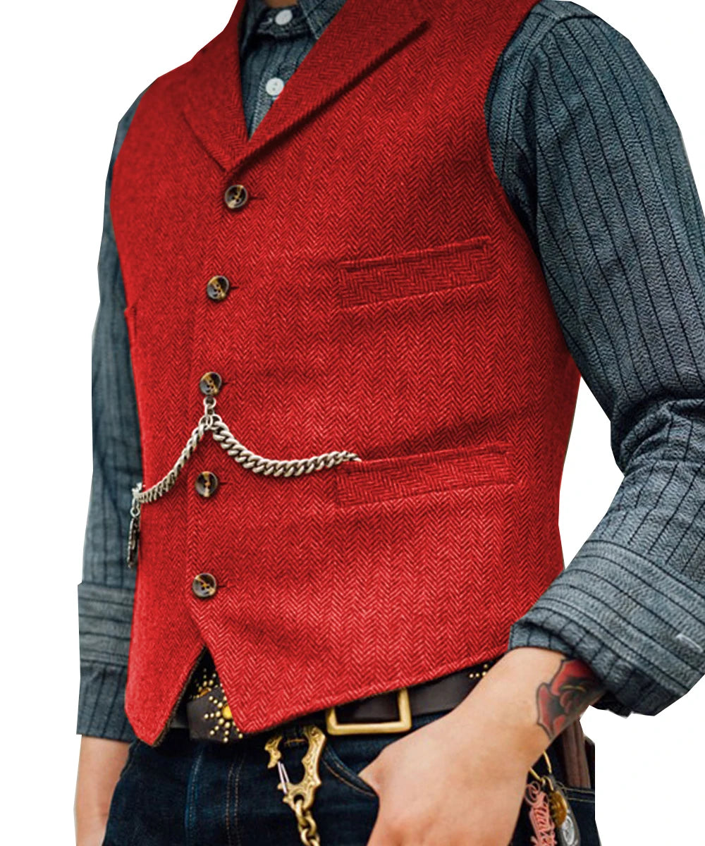 Classic Herringbone Waistcoat – High-quality wool, herringbone pattern, fully lined interior. Perfect for formal and casual occasions. Available on FTFmarket.net, fast delivery in the UK. Stay stylish with FTF Fashion and Mode FTF. Men's brown herringbone wool vest with V-neck lapel, suitable for casual and formal occasions