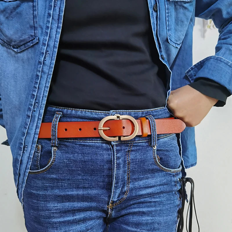 Genuine leather belt women orange golden buckle UK — FTF Market