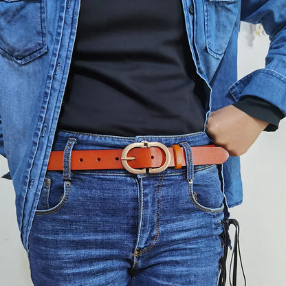Genuine leather belt women orange golden buckle UK — FTF Market