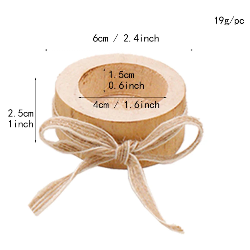 Wooden ring with twine, showing measurements and weight on a white background