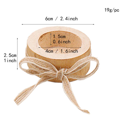 Wooden ring with twine, showing measurements and weight on a white background