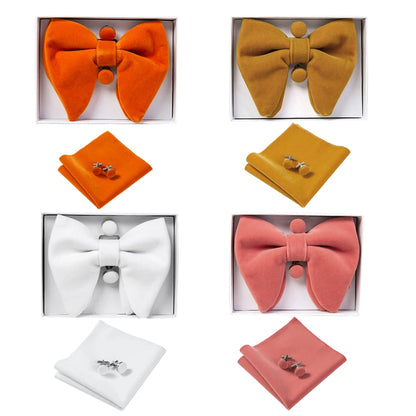 Set of bow ties and pocket squares in various colors with matching cufflinks on a white background.