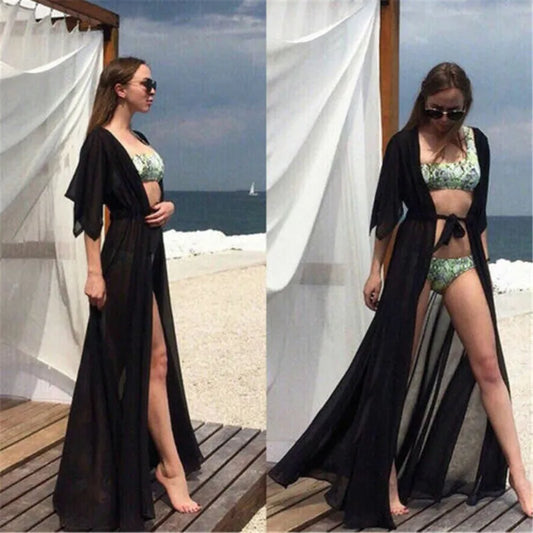 Black Sheer chiffon long beach kaftan cover-up women FTF Market UK