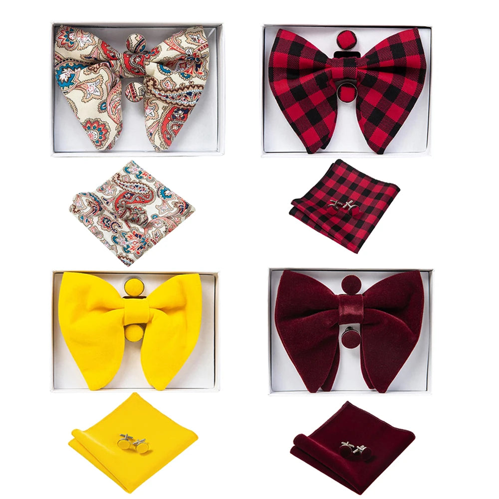 Collection of bow ties and pocket squares in various colors and patterns.