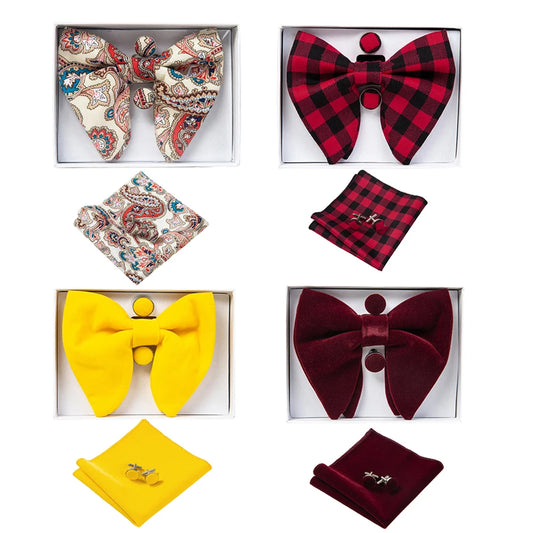 Collection of bow ties and pocket squares in various colors and patterns.