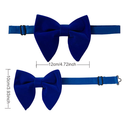 Two blue bow ties with measurements on a white background